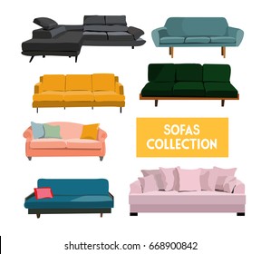 vector interior design elements set. sofa sofas couch. living room furniture. trendy design. realistic style. hand drawn.collection.