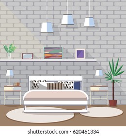 Vector interior design. Flat style. Modern room with furniture.  Bedroom with a bed, a lamp  and a flower