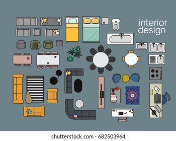 vector interior design floor plan. home house top view. collection set elements. in color. 