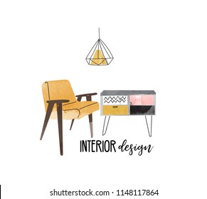 vector interior design hand drawn watercolor illustration. living room furniture sketch.  interior design logo banner