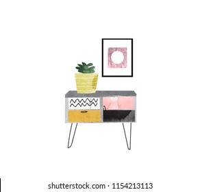 vector interior design hand drawn watercolor illustration. living room furniture sketch.  interior design logo banner