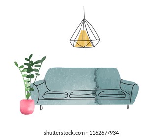 vector interior design hand drawn watercolor illustration. living room furniture sketch.  interior design logo banner.