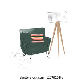 vector interior design hand drawn watercolor illustration. living room furniture sketch.  interior design logo banner.