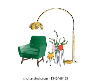 Vector Interior Design Hand Drawn Watercolor Illustration. Living Room Furniture Sketch. Vector Chair. 