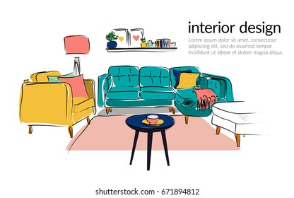 vector interior design hand drawn illustration  living room furniture  sketch  