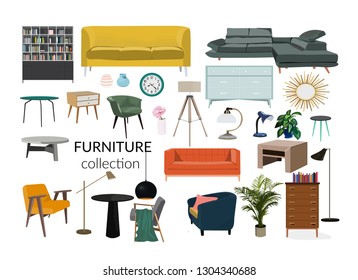 vector interior design illustration. collection set of elements. designer trendy furniture. table chair sofa lamp mirror plant chest table armchair. modern and retro. contemporary danish. mid century