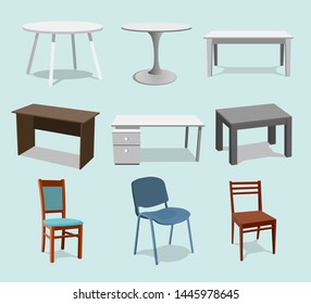 vector interior design illustration. collection set of elements. designer trendy furniture. table and chair modern and retro. contemporary danish EPS