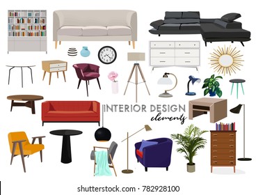 vector interior design illustration. collection set of elements. designer trendy furniture. table chair sofa lamp mirror plant chest table armchair. modern and retro. contemporary danish. mid century