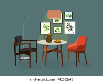 vector interior design illustration. dining room furniture. home house decor decoration. table chairs lamp. designer trendy style. interior design trend.