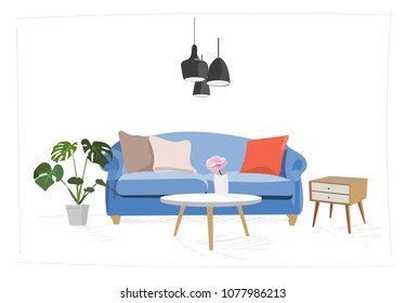 vector interior design illustration. home house decor decoration. furniture living room lounge. sofa armchair table coffee lamp cushion plant vase. modern contemporary designer trendy style. trend. 