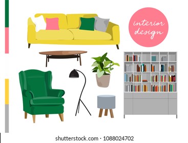 vector interior design illustration. home house decor decoration. furniture living room lounge. sofa armchair table coffee lamp cushion plant vase. modern contemporary designer trendy style. trend. 