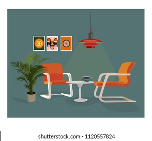 vector interior design illustration. home house decor decoration. furniture living room lounge. sofa armchair table coffee lamp cushion plant vase. modern contemporary designer trendy style. trend. 