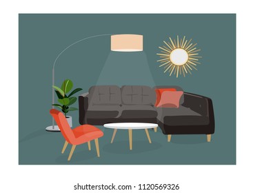 vector interior design illustration. home house decor decoration. furniture living room lounge. sofa armchair table coffee lamp cushion plant vase. modern contemporary designer trendy style. trend. 