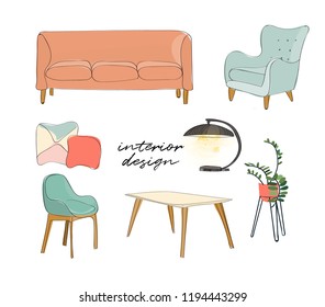 vector interior design illustration. home house decor decoration. hand drawn furniture living room lounge. modern contemporary designer trendy style. trend. mood board