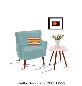 vector interior design illustration. home house decor decoration. furniture living room lounge. sofa armchair table coffee lamp cushion plant vase. modern contemporary designer trendy style. trend