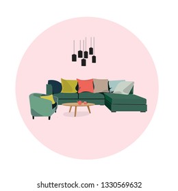 vector interior design illustration. home house decor decoration. furniture living room lounge. sofa armchair table coffee lamp cushion plant vase. modern contemporary designer trendy style. trend. 