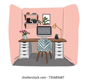 vector interior design illustration. home decor. study office furniture. drawn sketch drawing. watercolor colorful. 