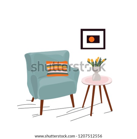 vector interior design illustration. home house decor decoration. furniture living room lounge. sofa armchair table coffee lamp cushion plant vase. modern contemporary designer trendy style. trend