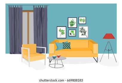 vector interior design illustration. living room furniture. sofa lamp, armchair, window. beautiful style. modern design. 