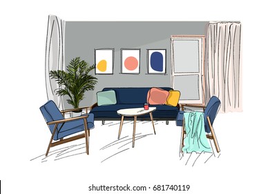 vector interior design illustration  living room sketch hand drawn  ink  