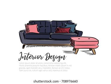 vector interior design illustration. living room furniture. hand drawn drawing sketch. watercolor. 