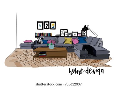 vector interior design illustration. modern living room decor. contemporary designer furniture. hand drawn sketch drawing. ink pencil watercolor. 