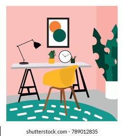 vector interior design illustration. office study picture. chair, desk and lamp. cute drawing. furniture. 