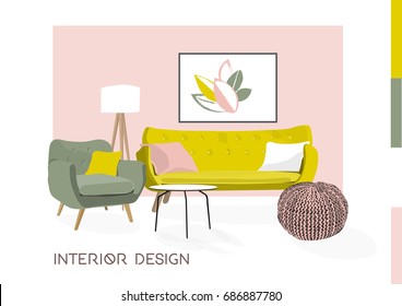 vector interior design illustration. design trend. living room furniture. mood board. sofa armchair designer. 