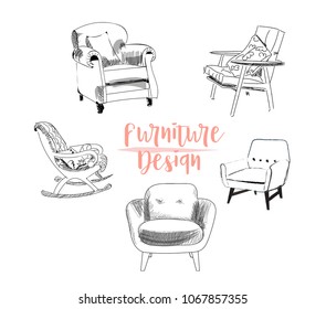 vector interior design illustration.living room furniture. hand drawn watercolor sketch. Mid century modern. hand drawn furniture collection. 