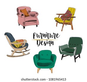 vector interior design illustration.living room furniture. hand drawn watercolor sketch. Mid century modern. hand drawn furniture collection. 