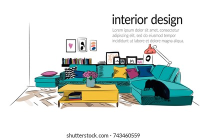 Vector Interior Design Illustration.living Room Furniture. Hand Drawn Watercolor Sketch. Mid Century Modern. Danish. Designer Fashion
