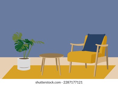 Vector, interior design, living room, with table, chair and plant, in blue and yellow colors.