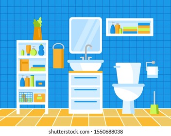 vector interior design of modern bathroom. Furniture, equipment and decor. toilet, rack, sink, mirror. illustration in flat style.