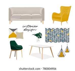 vector interior design mood board furniture illustration. modern style home house decor decoration. 