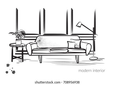 vector interior design sketch hand drawn drawing. living room furniture.