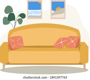 vector interior design with sofa and pillows, potted plants and paintings on the wall