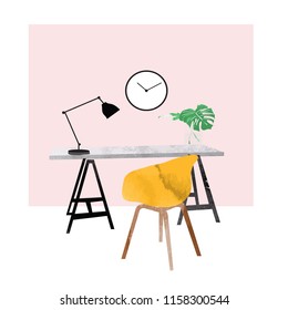 vector interior design watercolor illustration. office study picture. chair, desk and lamp. cute drawing. furniture. 