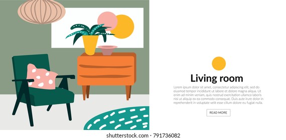 vector interior design web site banner. living room furniture illustration.