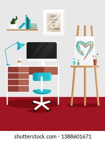Vector Interior Design of Work Place for Artist with Home Furniture and Easel. Vector illustration in Flat Style. Design Concept of Modern Creative Work Place