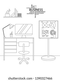 Vector Interior Design of Workplace for Freelancer with Home Furniture and Statistic Table. Vector illustration in Line Style. Design Concept of Modern Business Work Place