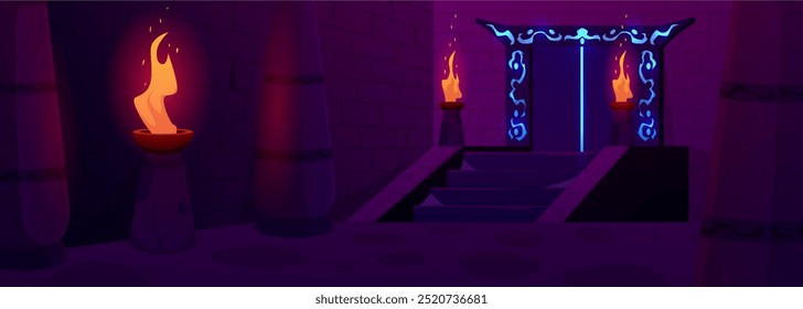 The vector interior of the dungeon with ancient stone columns, burning torches and a door with glowing symbols. The mysterious scene for game backgrounds