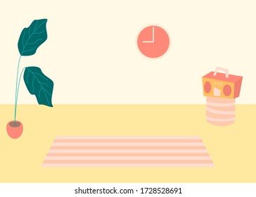 Vector interior flat design illustration. Home in colorful furniture of simple living room in trendy style. Design of a cozy room with house decor accessories and plants. Decorative elements