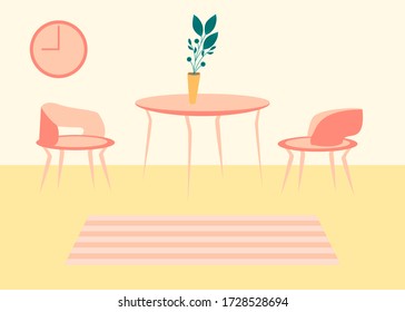 Vector interior flat design illustration. Home in colorful furniture of simple living room in trendy style. Design of a cozy room with house decor accessories and plants. Decorative elements