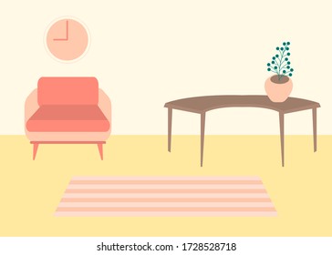 Vector interior flat design illustration. Home in colorful furniture of simple living room in trendy style. Design of a cozy room with house decor accessories and plants. Decorative elements