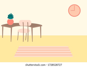 Vector interior flat design illustration. Home in colorful furniture of simple living room in trendy style. Design of a cozy room with house decor accessories and plants. Decorative elements