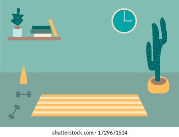 Vector interior flat design illustration. Home in colorful furniture of simple living room in trendy style. Design of a cozy room with house decor accessories and plants. Decorative elements