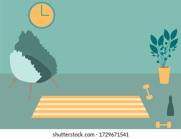 Vector interior flat design illustration. Home in colorful furniture of simple living room in trendy style. Design of a cozy room with house decor accessories and plants. Decorative elements