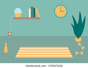 Vector interior flat design illustration. Home in colorful furniture of simple living room in trendy style. Design of a cozy room with house decor accessories and plants. Decorative elements