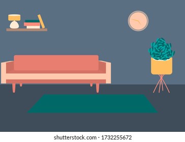 Vector interior flat design illustration. Home in colorful furniture of simple living room in trendy style. Design of a cozy room with house decor accessories and plants. Decorative elements