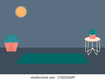 Vector interior flat design illustration. Home in colorful furniture of simple living room in trendy style. Design of a cozy room with house decor accessories and plants. Decorative elements